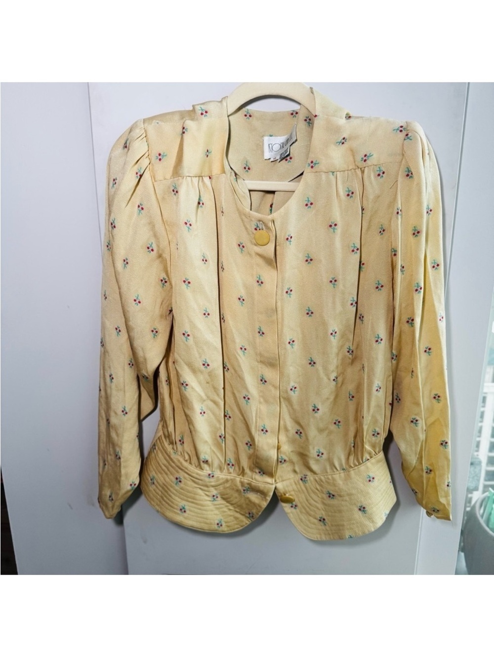 Vintage Cherry Print Butter Yellow Blouse | Shoulder Pads | Size 10